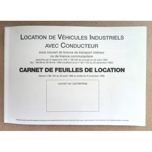 Carnets feuilles de location avec conducteur